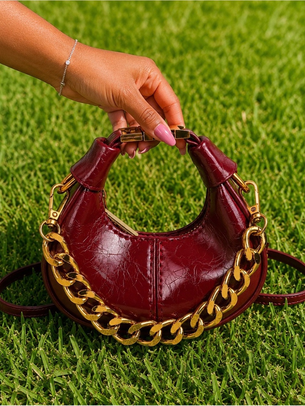 Women's Burgundy Leather Mini Hobo Bag with Gold Chain